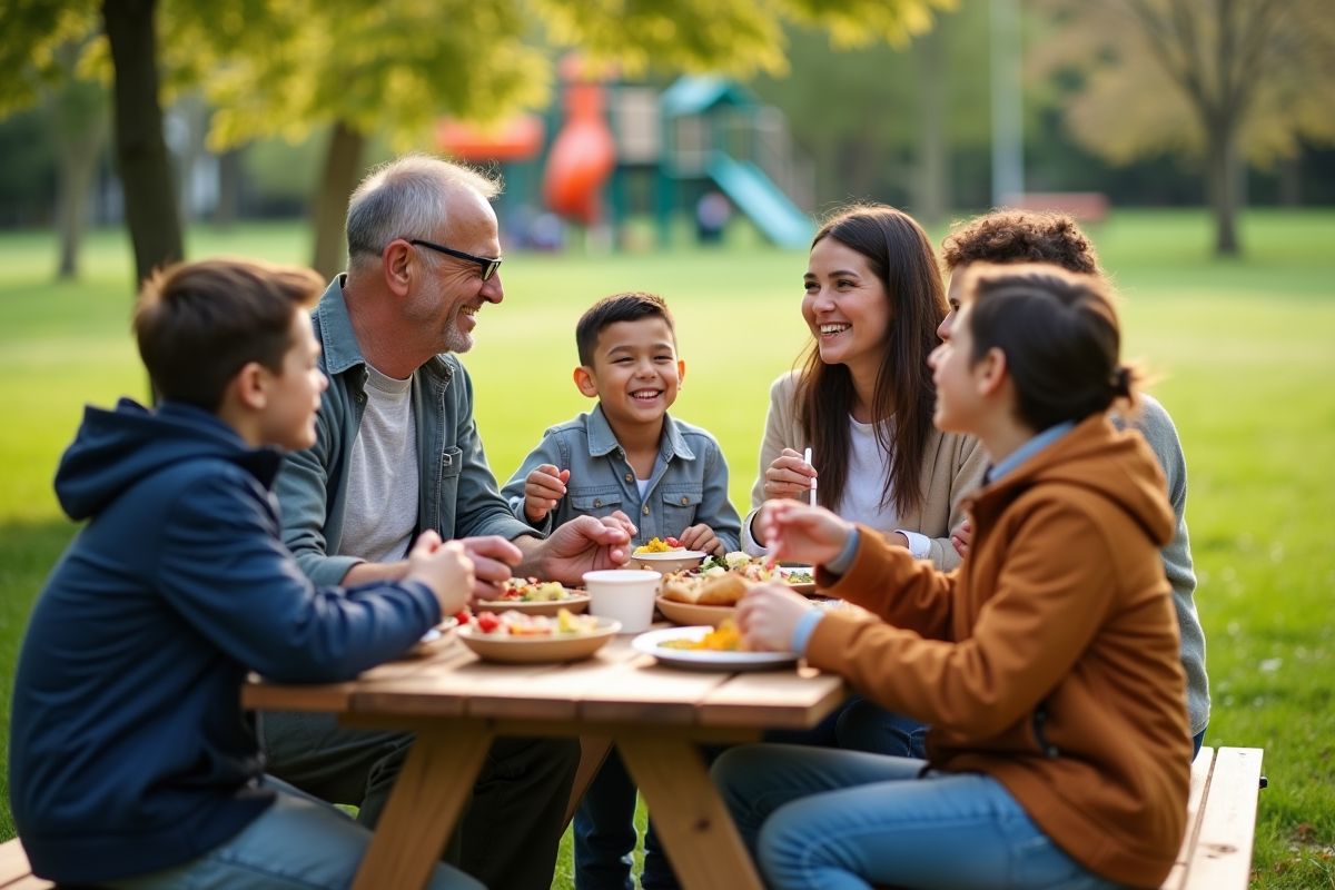 Famille recomposée partageant un pique-nique au parc