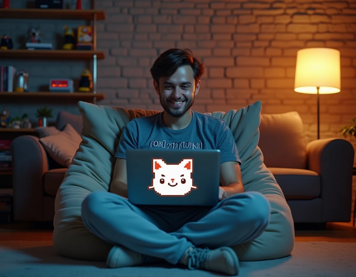 Homme décontracté créant un sprite pixel art kawaii sur ordinateur portable dans un salon vintage aux étagères rétro gaming