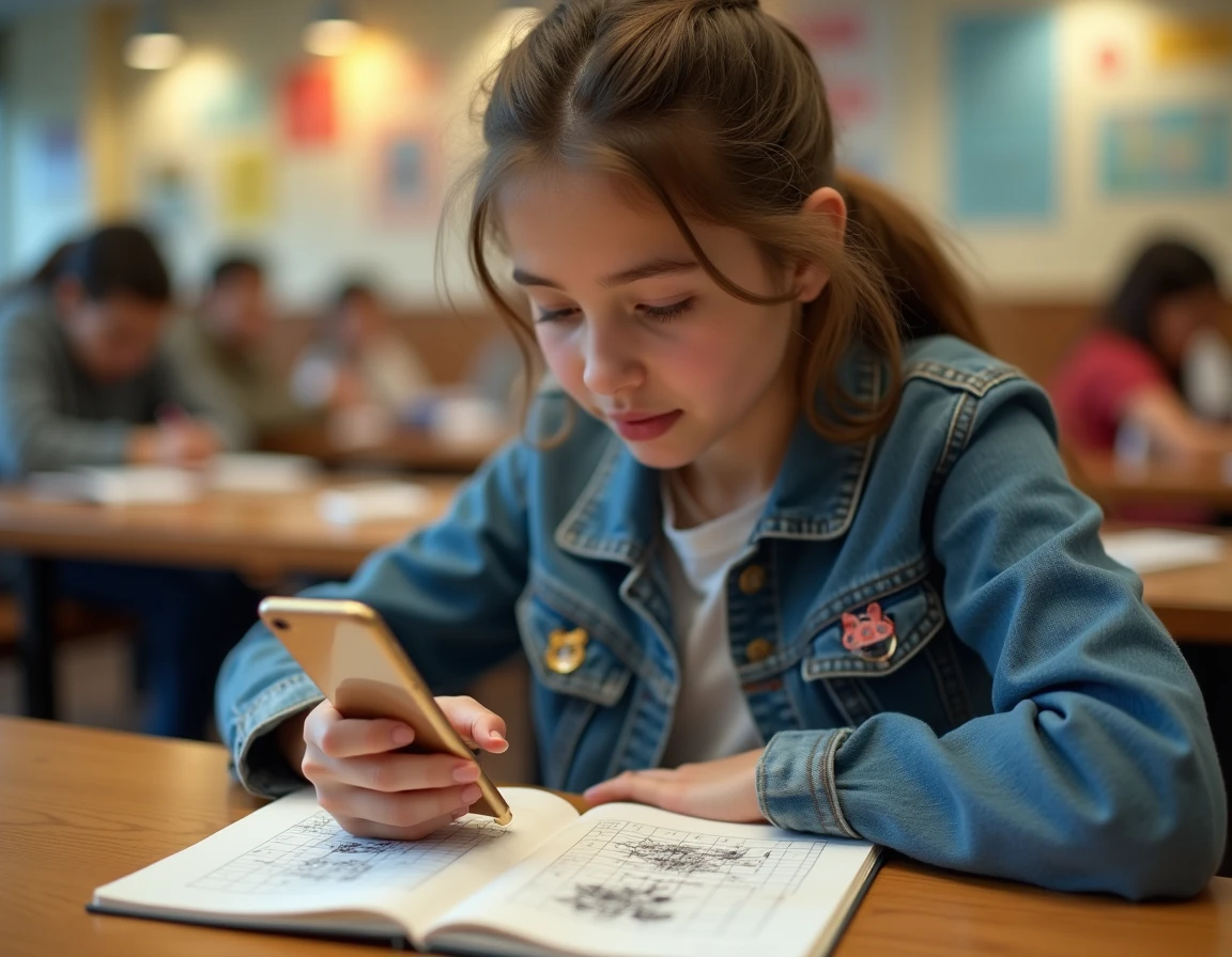 Adolescente dessinant du pixel art kawaii sur smartphone avec des croquis sur grille dans un cahier posé sur une table de cafétéria scolaire