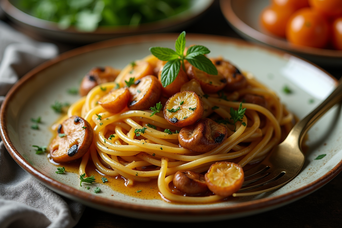 Plat de champignons chanterelles sautés avec herbes fraîches présenté sur une assiette