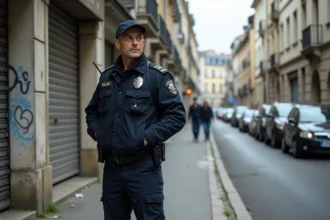 Agent de police en patrouille dans un quartier résidentiel urbain sensible, bâtiments d'immeubles en arrière-plan