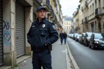 Agent de police en patrouille dans un quartier résidentiel urbain sensible, bâtiments d'immeubles en arrière-plan
