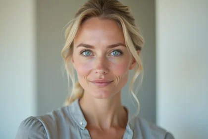 Portrait en gros plan d'une femme aux yeux bleus clairs illustrant la génétique des yeux bleus dans le monde