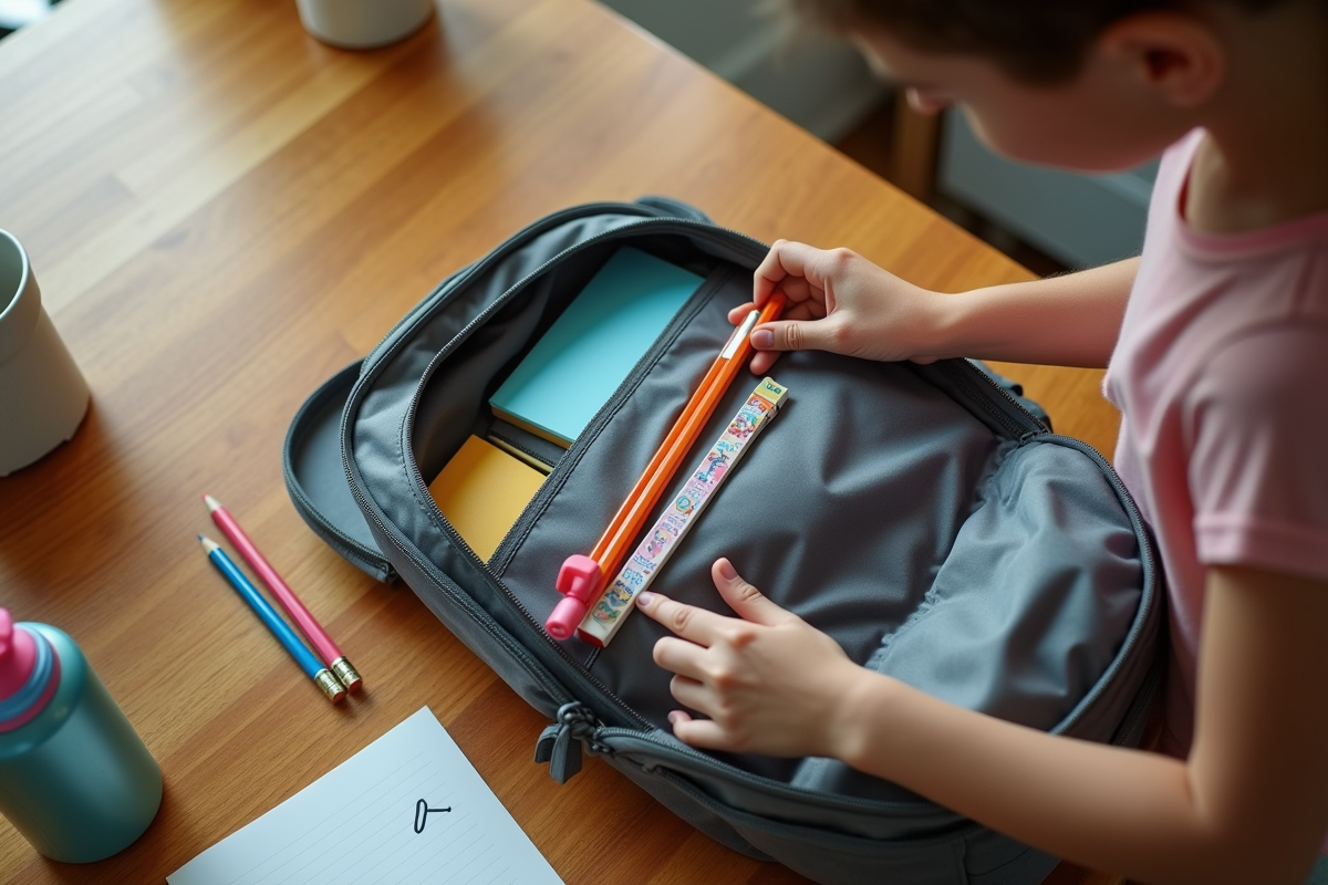 Enfant préparant son sac d école sur une table en cuisine