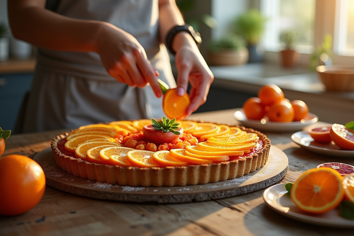 Cuisinier préparant une tarte aux fruits avec oranges et kumquats