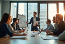 Jeune professionnel présentant une stratégie marketing en réunion