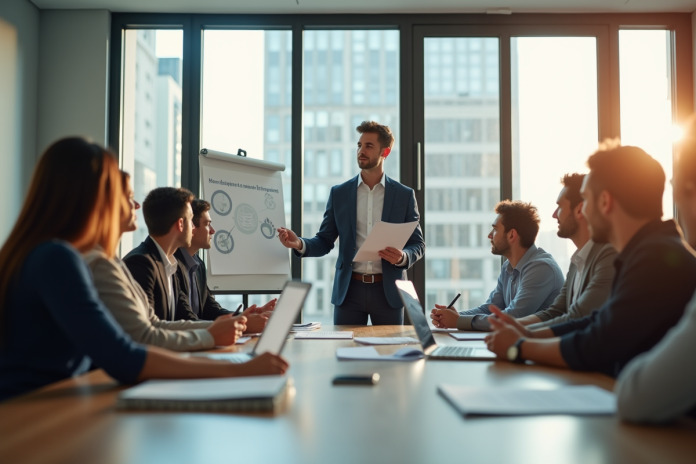 Jeune professionnel présentant une stratégie marketing en réunion