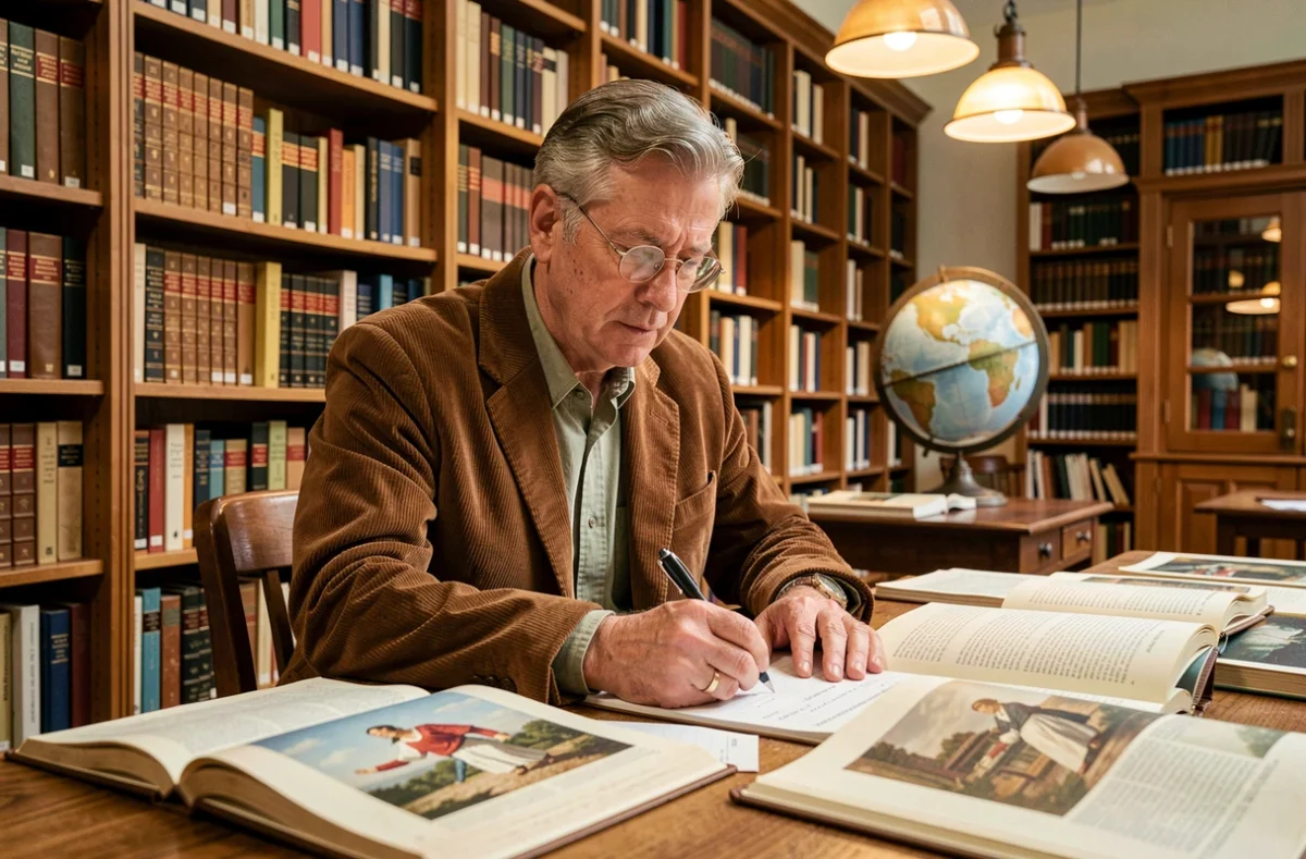 Professeur d'histoire préparant un cours sur le tableau American Progress de John Gast dans une bibliothèque scolaire
