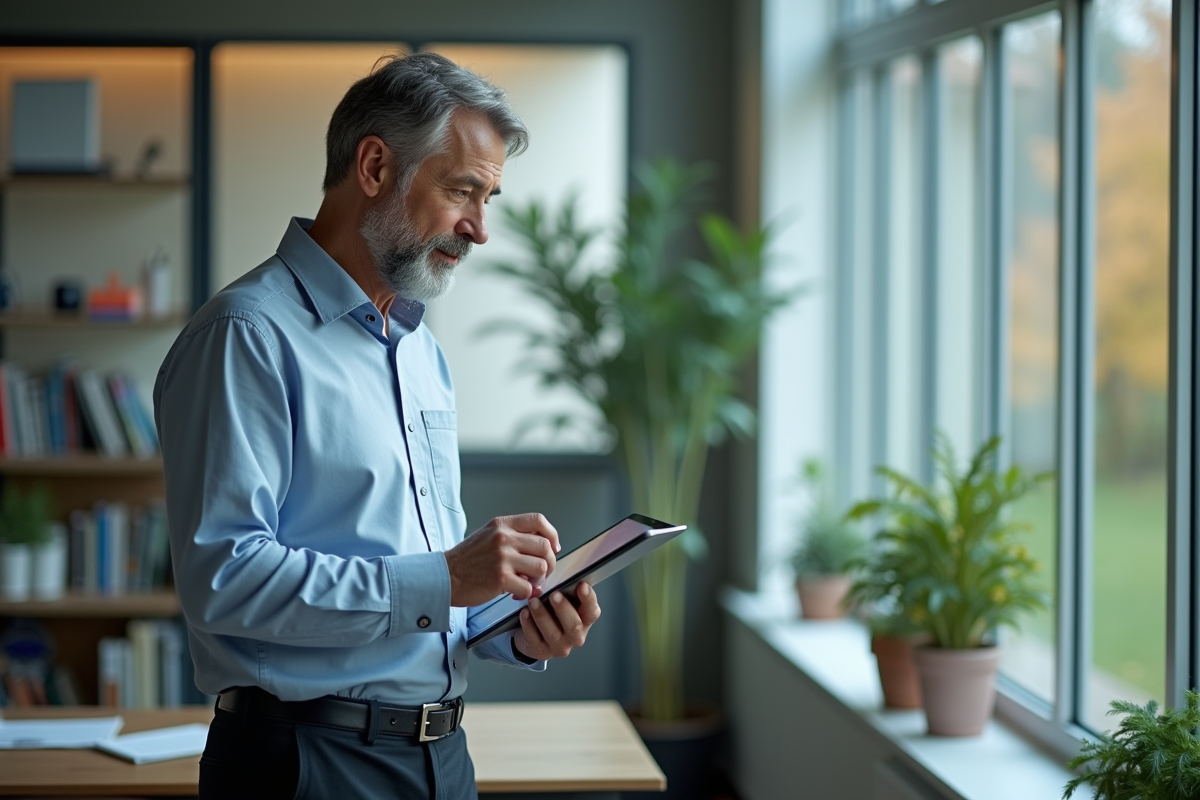 Professeur en salle des enseignants utilisant une tablette numérique
