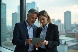Homme et femme d affaires examinant une tablette en ville