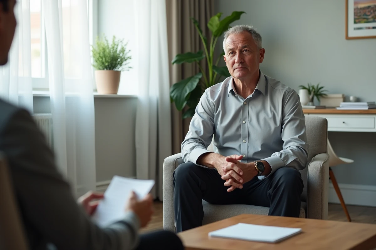 Psychothérapeute homme en séance d'écoute active lors d'une première consultation dans un bureau professionnel
