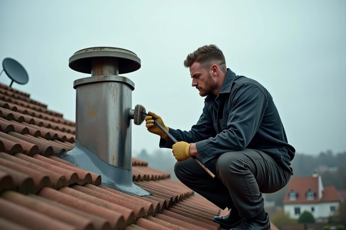 Ramoneur professionnel entretenant un conduit de cheminée sur un toit de maison individuelle