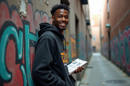 Jeune rappeur en streetwear devant un mur graffite
