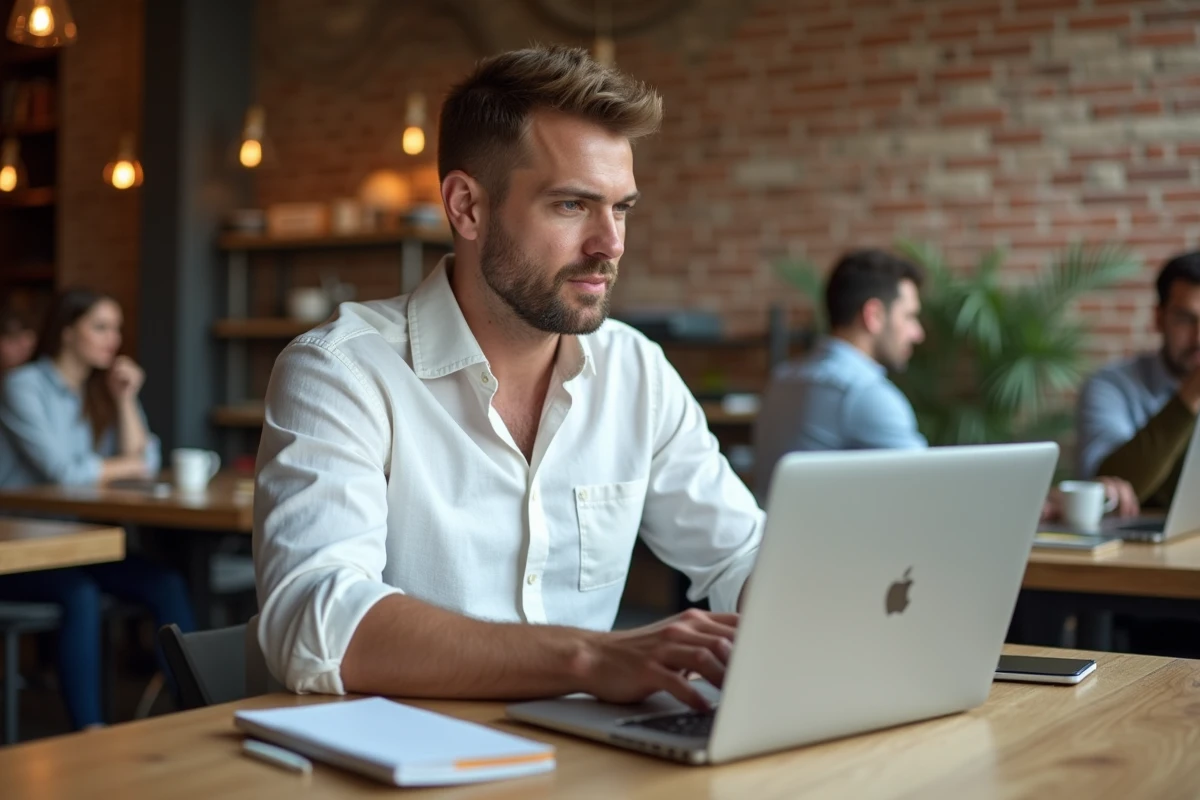 Homme rédigeant un document professionnel sur ordinateur portable dans un espace de coworking, symbolisant l'écriture claire et précise
