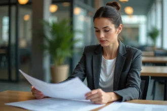 Femme professionnelle révisant des documents dans un bureau moderne, illustrant la rédaction de textes professionnels soignés