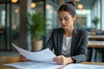 Femme professionnelle révisant des documents dans un bureau moderne, illustrant la rédaction de textes professionnels soignés