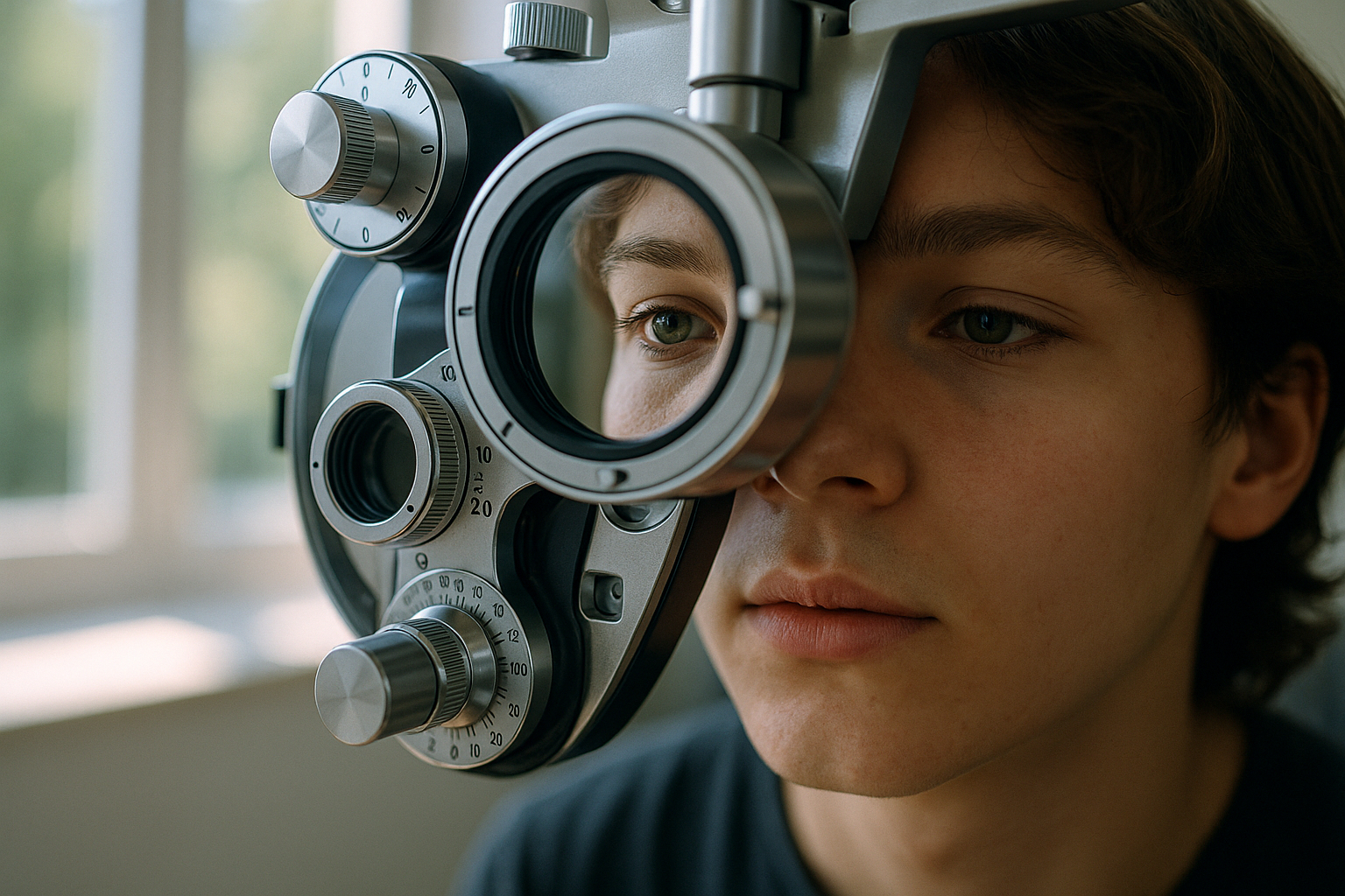 Reflet d’un adolescent dans un phoroptre avec lumière naturelle