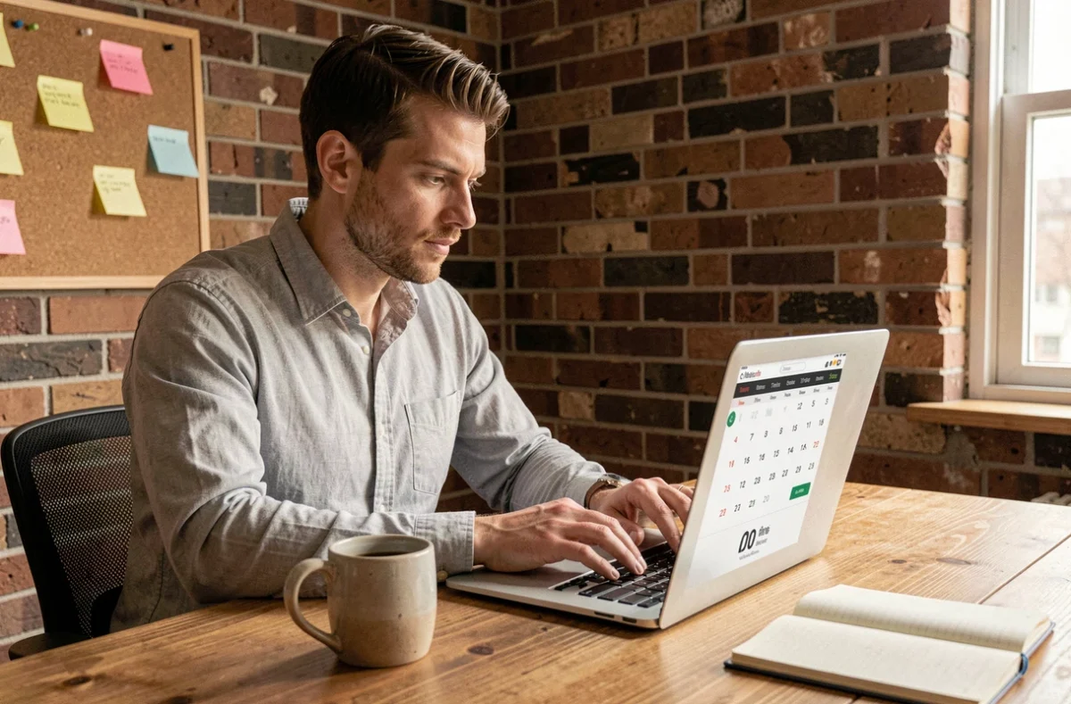 Homme en télétravail configurant le format d'heure 24h dans une application de calendrier sur son ordinateur portable depuis un bureau à domicile