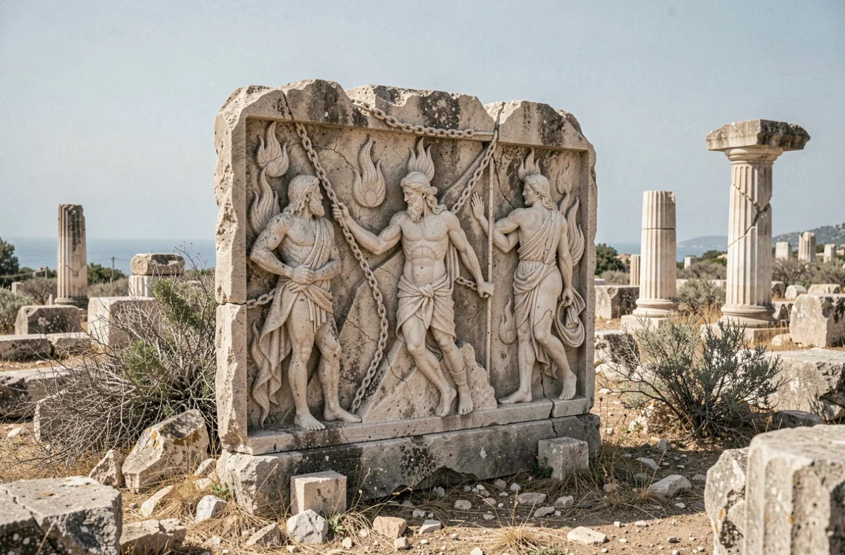 Relief en pierre calcaire représentant Prométhée et le feu dans un site archéologique grec en plein air