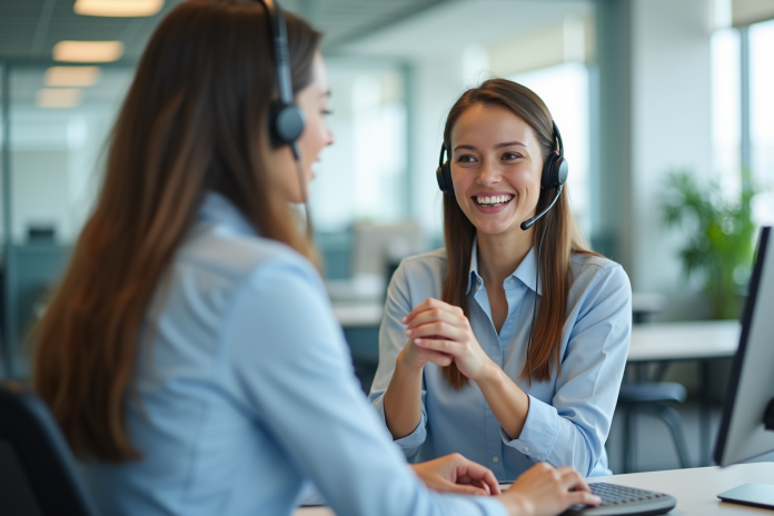 Représentant service client souriant au bureau lumineux