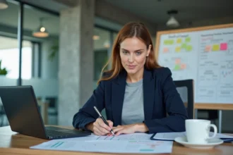 Responsable de formation préparant un dossier de certification Qualiopi 2026 dans un bureau professionnel