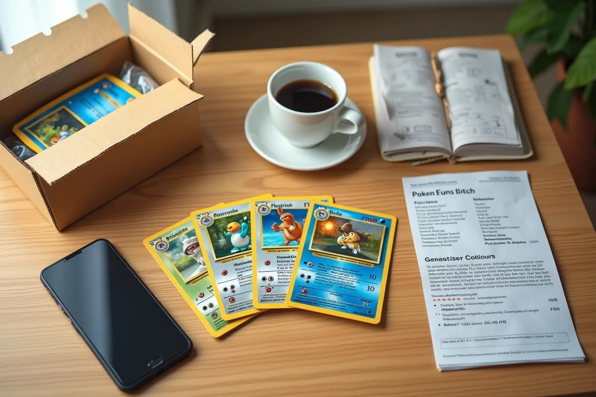 Vue du dessus d'une table avec des cartes Pokémon reçues par commande, une enveloppe d'expédition ouverte et un bon de commande imprimé