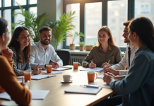 Groupe de collègues souriants lors d'un atelier en réunion