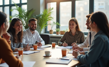 Groupe de collègues souriants lors d'un atelier en réunion