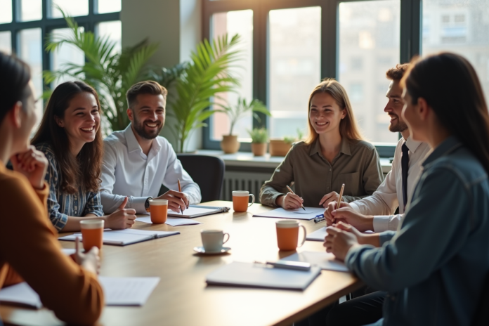 Groupe de collègues souriants lors d'un atelier en réunion