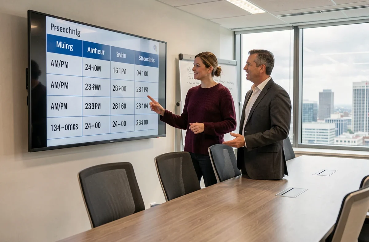 Deux collègues en réunion professionnelle discutant d'un tableau comparatif des formats horaires AM PM et 24 heures affiché sur un écran de salle de conférence