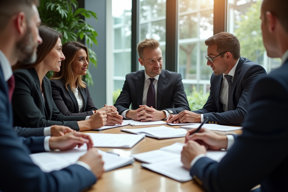Professionnels discutant de documents juridiques dans un bureau moderne