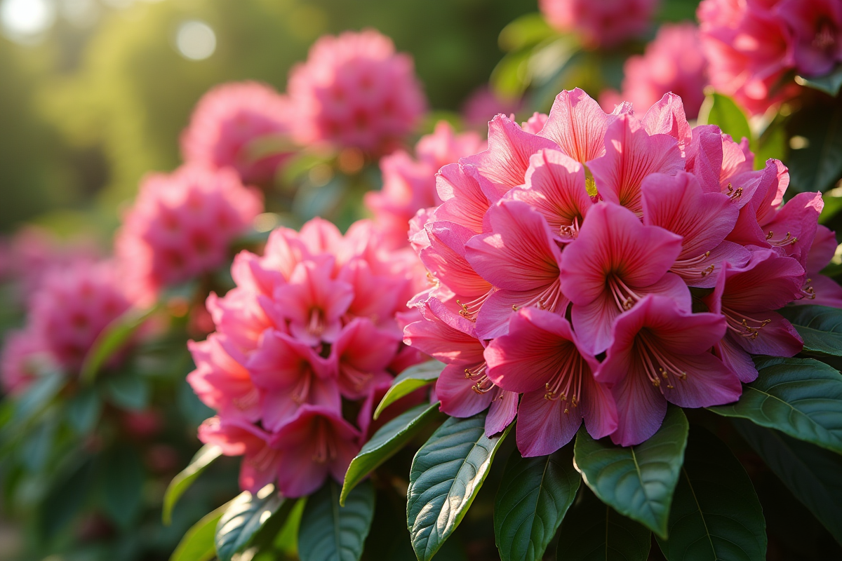 Rhododendrons en pleine floraison dans un jardin
