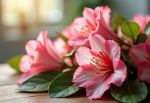 Rhododendrons en gros plan sur une table en bois