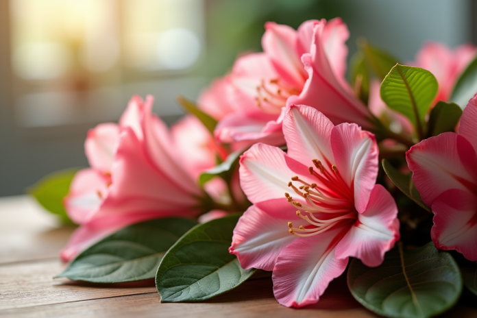 Rhododendrons en gros plan sur une table en bois