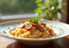 Risotto crémeux au chorizo dans une assiette blanche