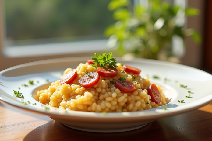 Risotto crémeux au chorizo dans une assiette blanche