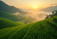 Rizières verdoyantes au lever du soleil en Asie du Sud-Est