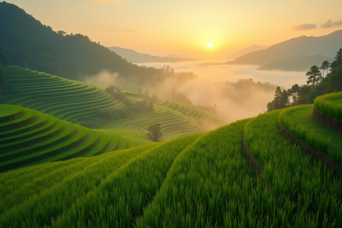 Rizières verdoyantes au lever du soleil en Asie du Sud-Est