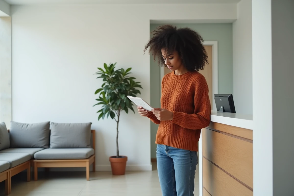 Jeune femme dans une salle d'attente d'un cabinet de psychothérapie avant son premier rendez-vous