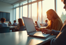 Salle de classe moderne avec élèves utilisant des tablettes