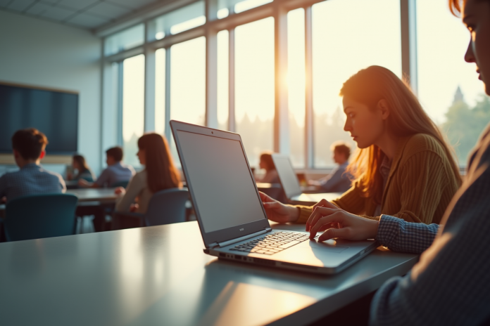 Salle de classe moderne avec élèves utilisant des tablettes