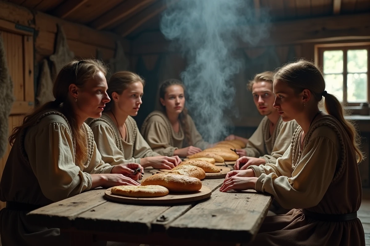 Groupe de villageois autour d une table dans une longhouse