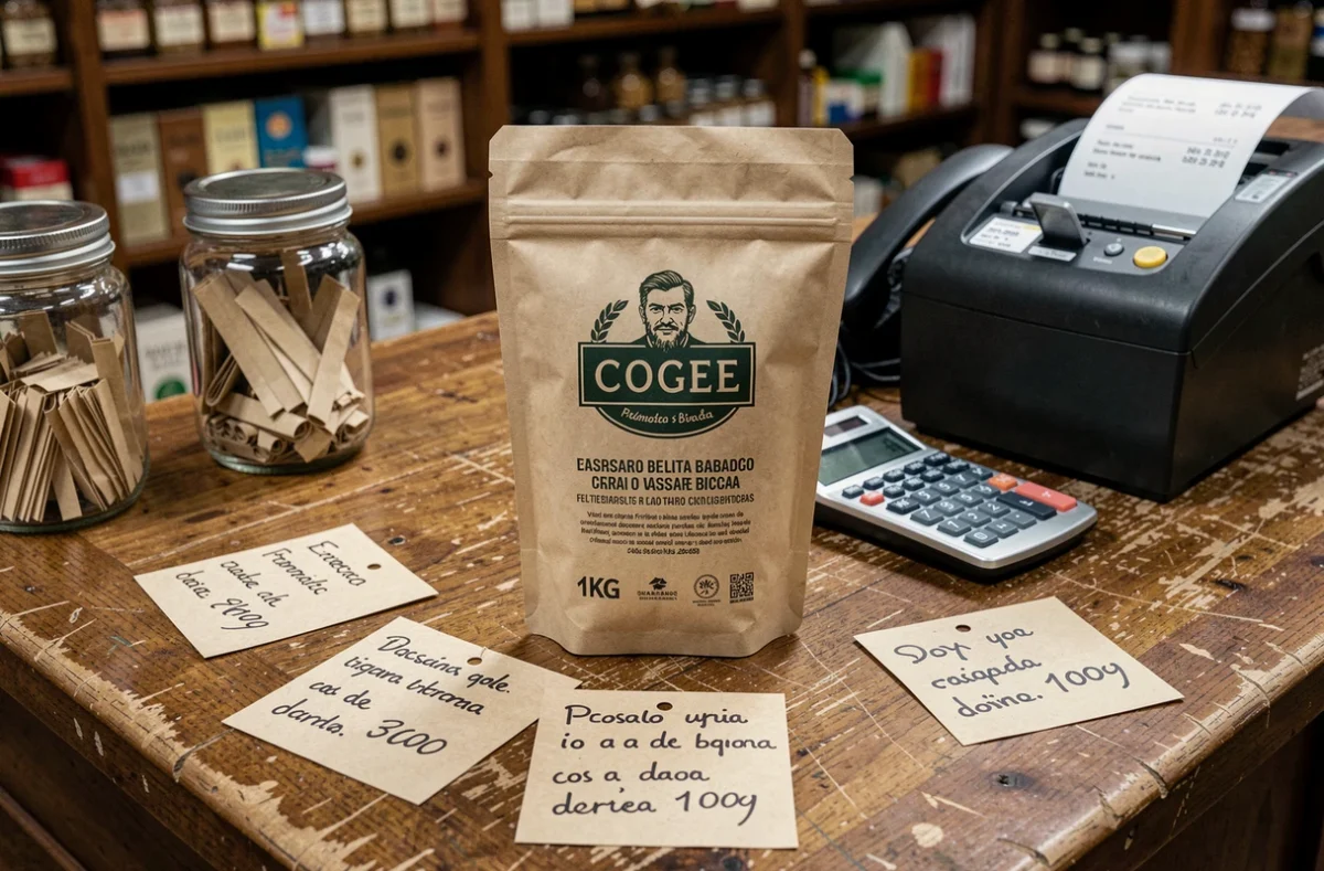 Seau de tabac 1kg posé sur le comptoir d'un estanco espagnol avec étiquettes de prix manuscrites