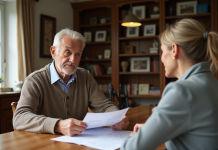 Homme senior et conseillère examinent des documents immobiliers
