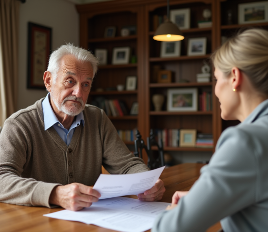 Viager hypothécaire : définition, fonctionnement et avantages expliqués Homme senior et conseillère examinent des documents immobiliers