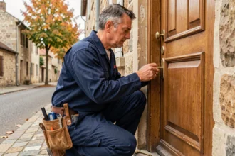 Serrurier professionnel intervenant sur une porte en bois dans un village de Haute-Marne