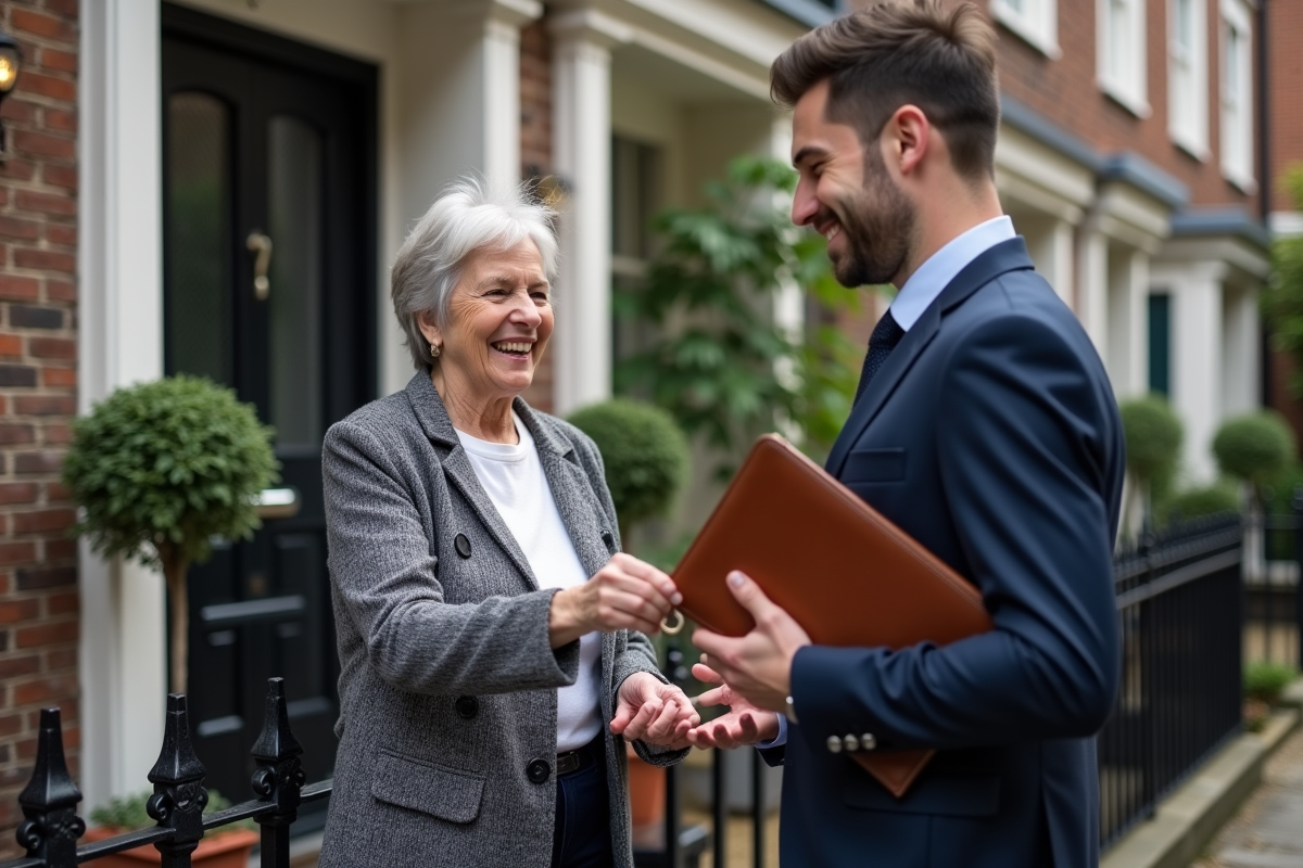 Femme retraitée remet ses clés à un notaire devant sa maison