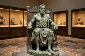 Statue en bronze antique d'Héphaistos, dieu grec du feu, exposée dans un musée archéologique