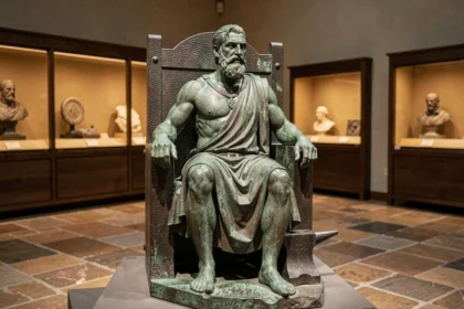 Statue en bronze antique d'Héphaistos, dieu grec du feu, exposée dans un musée archéologique