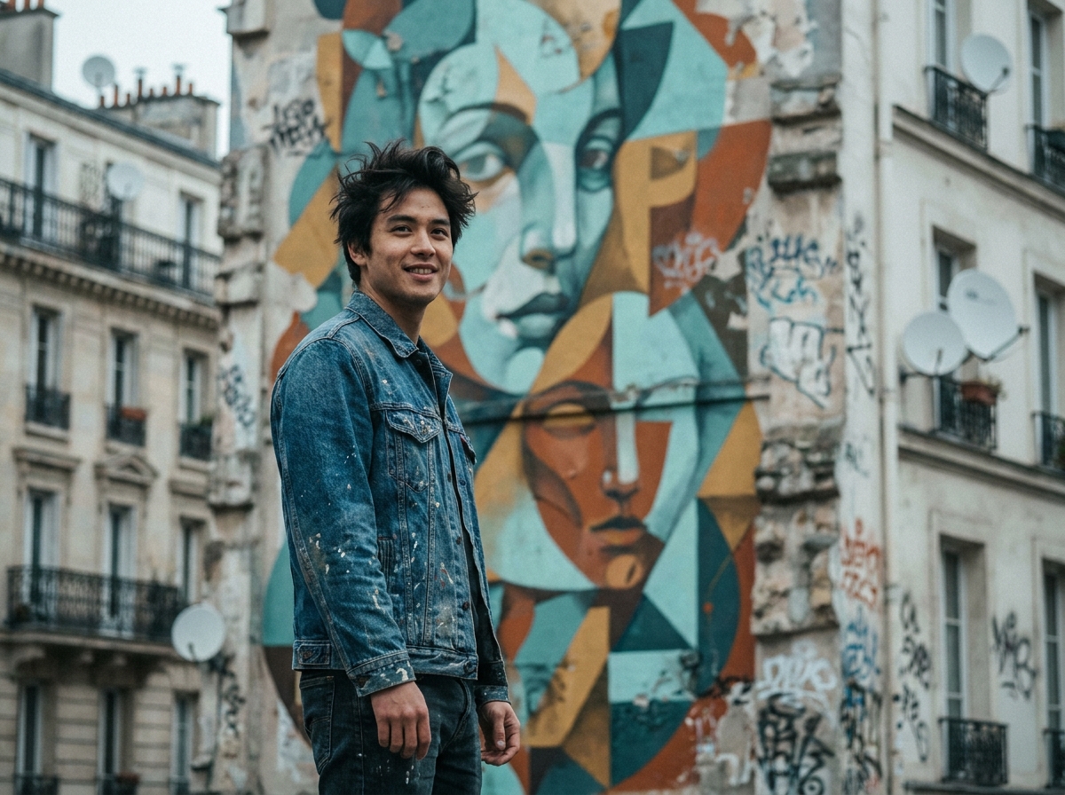 Jeune homme devant une fresque murale de street art emblématique du quartier Belleville à Paris